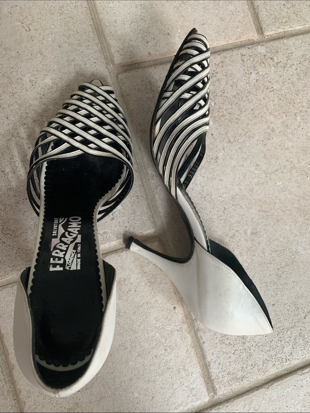 Salvatore Ferragamo Black and White Strappy Open-Toe Heels size 8.5